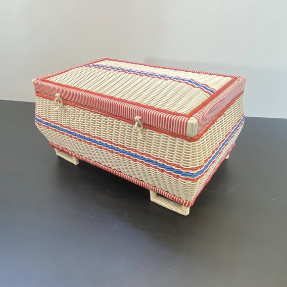 Sewing box in plastic and natural fiber, wooden basket, four feet case, jewelry - Picture 9 of 10